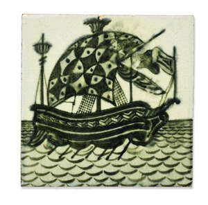 William De Morgan (1839-1917), a hand painted six-inch 'Galleon' tile
		Early Fulham period 1888-1897, impressed Sands End floral roundel
		Painted i
