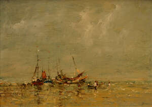 Charles Horwood, 
		British 1908-1975- 
		Figures and fishing boats on a beach; 
		oils on board, two, each signed, 25.5x30cm and 25x35.5cm respectively (2)