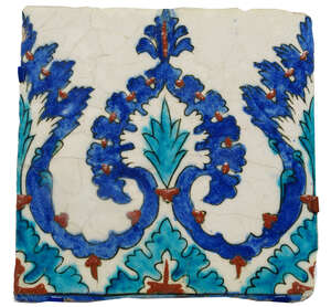 
	
		An Iznik pottery tile, Ottoman Turkey, late 16th century, of square form, the white...