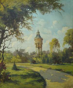 
	
		Hungarian School, mid 20th century- The water tower on Margaret Island, Budapest; oil on...