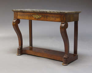 
	
		A French Empire mahogany console table, with grey and white veined marble top, above...