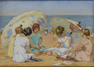 
	
		Madge Young Mitchell, 
		Scottish 1892-1974 - 
		 
		Children on a beach; 
		 
		oil...