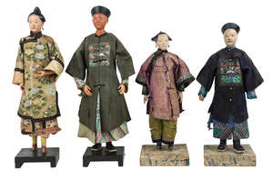 
	
		Two pairs of Chinese polychrome decorated clay 'nodding head' officials, 19th century,...