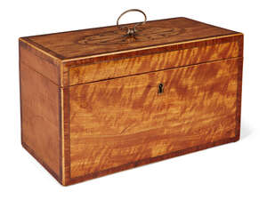 
	
		A George III satinwood and inlaid three-division tea caddy, the top inlaid with large...