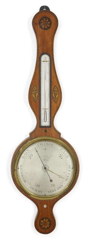 
	
		A George III satinwood and marquetry inlaid wheel barometer, by Lione Somalvico & Co.,...