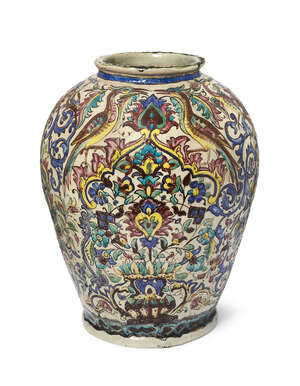 
	
		A large glazed polychrome vase, North Africa, possibly Morocco, of baluster form, on flat...