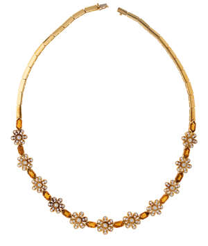 
	
		A diamond and citrine necklace, by Stern, composed of eleven diamond flowerhead cluster...