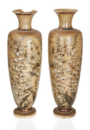 
	
		Robert Wallace Martin & Brothers, 
		 
		Pair of foxglove vases, September 1890, 
		