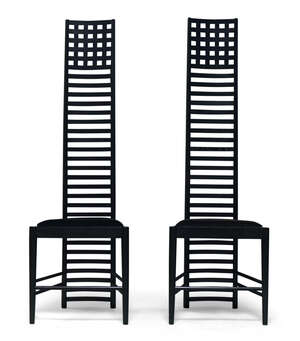 
	
		A pair of ebonised hall chairs, after a design by Charles Rennie Mackintosh for Hill...