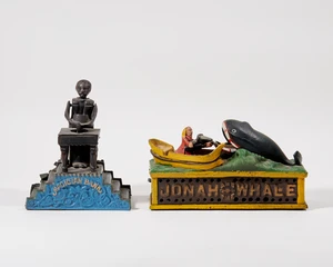 Two American cast iron mechanical money banks, probably second half 20th century, both examples...