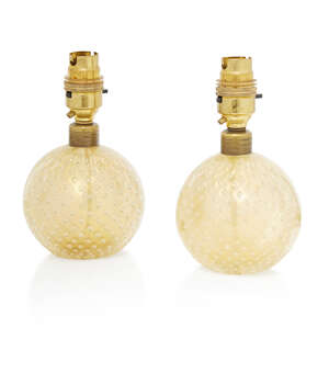 
	
		Italian, a pair of Murano glass gold 'Bullicante' table lamps   
		c.1960, one with...
