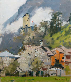 
	
		Ken Howard RA, 
		British b.1932- 
		 
		Sargans Castle, Rain Effect; 
		 
		oil on...