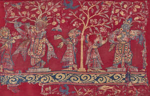 
	
		A silk lampas fragment depicting Krishna playing the flute, India, Assam, late 18th-early...