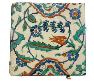 
	
		An Iznik pottery tile, Ottoman Turkey, late 16th century, painted in polychrome...