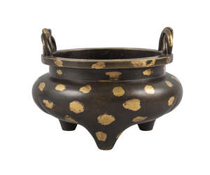 
	
		A Chinese bronze tripod censer, late Qing dynasty, with two rope-twist handles and with...