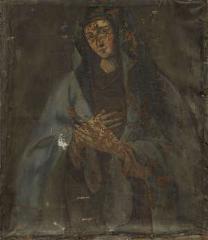 
	
		Italian School,
		17th century-
		 
		Portrait of a female Saint standing half-length...