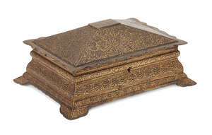 A koftari work steel lidded box, North India, 19th century, of rectangular form on four splayed...
