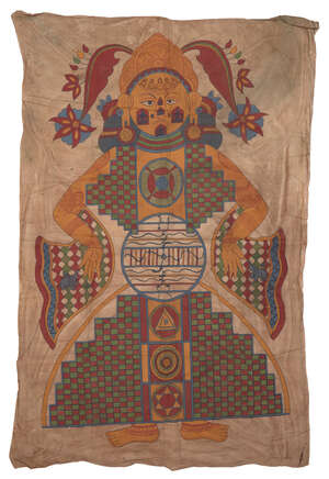 
	
		A large Jain cosmological diagram (Lokapurusha) of the Cosmic Man, Rajasthan, early 20th...