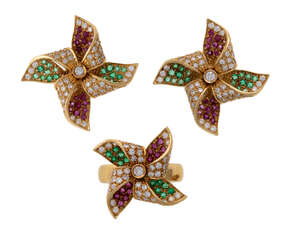 
	
		A pair of diamond and gem earrings and ring, by Stern,  each earring modelled as a pave...