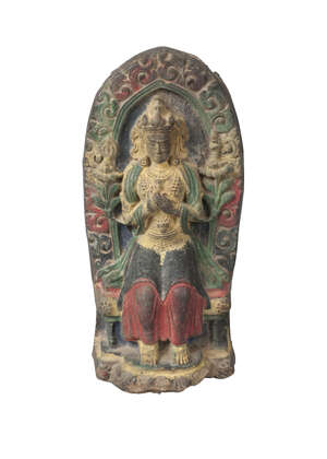 
	
		A Tibetan painted terracotta votive plaque, 17th/18th century, depicting Green Tara...