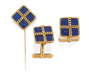 
	
		A pair of 18ct gold and lapis lazuli cufflinks, by Garrard & Co., designed as single...