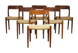 
	
		Neils Otto Møller (Danish 1920-1981), a set of six teak 'model 75' dining chairs for J.L...