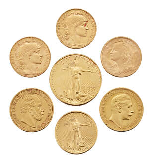 
	
		A group of seven various world gold coins, comprising: USA 25 Dollars, 1994; a USA 10...