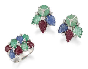 
	
		A diamond and gem ring and pair of earrings, the half-hoop ring composed of two lines of...