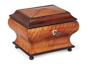 
	
		A Regency satinwood sarcophagus bôite à poudre, ogee sides, interior mirror, with single...