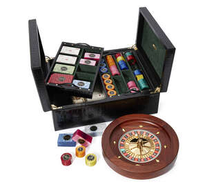 
	
		A Renzo Romagnoli black leather and gilt metal games box, of modern manufacture, the...