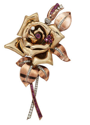 
	
		An impressive 1940s, two colour gold, diamond and ruby, rose spray brooch, the central...