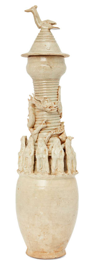 A Chinese Yingqing pottery funerary vase and cover, Song dynasty, applied to the ribbed neck with a coiled dragon, above a row of standing figures to the shoul