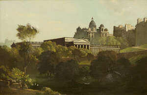 Bertram Nicholls PRBA ROI, 
		British 1883-1974- 
		 
		Scottish National Gallery, from Princes Street Gardens; 
		 
		oil on canvas, signed and dated 1