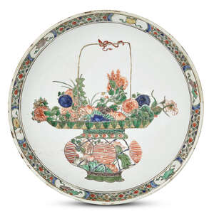 
	
		A large Chinese porcelain dish, Kangxi period, painted in famille verte enamels with a...