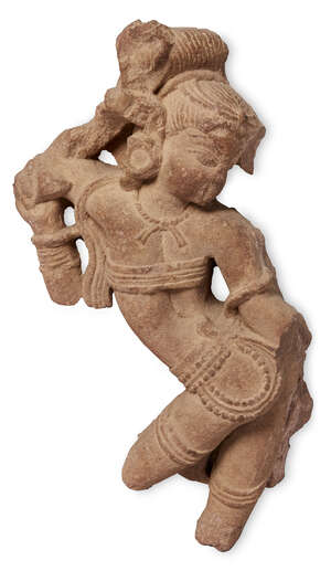Two mottled red sandstone sculptures of a dancing female, Central India, 11th- 12th century,  each carved in swaying position, with hands raised, seen from beh