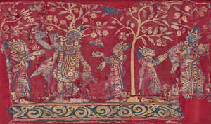 
	
		A silk lampas fragment depicting Krishna playing the flute, India, Assam, late 18th-early...