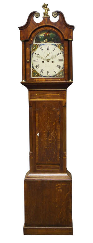 
	
		A mahogany and oak longcase clock, 19th century, the hood with swan neck pediment centred...