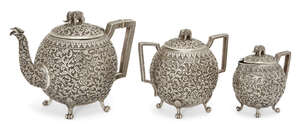 
	
		A silver repousse three-piece tea set, probably Kutch, North-Western India, late 19th...