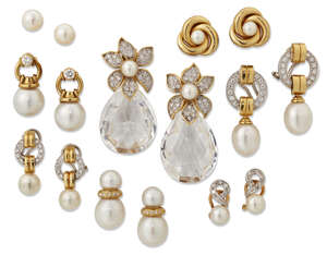 
	
		Eight pairs of cultured pearl earrings, including: one pair of 18ct gold, diamond hoop...
