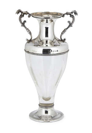 A silver mounted glass posy vase, Birmingham, c.1903, maker's mark rubbed, designed to resemble an amphora with zoomorphic twin handles and beaded edge to 
