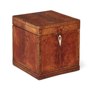 
	
		A George III satinwood cube-shape tea caddy, oval inlaid canister to interior, ivory...