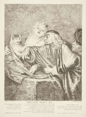 Jean-Etienne Liotard, 
		Swiss 1702-1789- 
		 
		Le Chat Malade, after Jean-Antoine Watteau, 1731; 
		 
		counterproof etching on laid paper, printed co