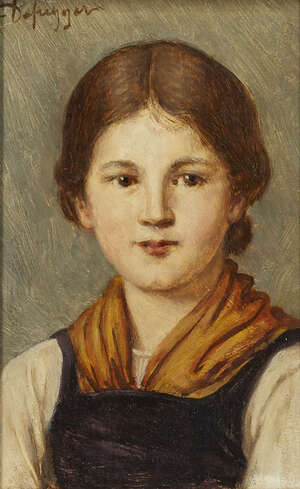 
	
		Franz von Defregger, 
		Austrian 1835-1921-
		 
		Portrait of a girl quarter-length in...