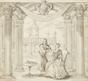 
	
		British School, 
		mid 18th century-  
		 
		Seated woman with man in classical...