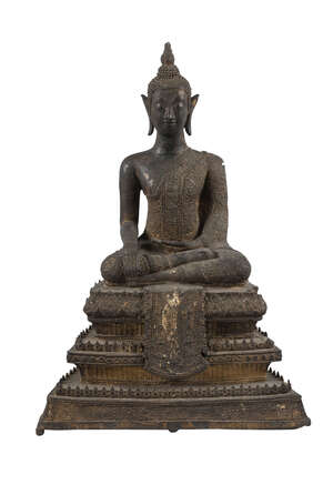 
	
		A Thai bronze buddha, 19th century, seated in dhyanasana, on a stepped lotus decorated...