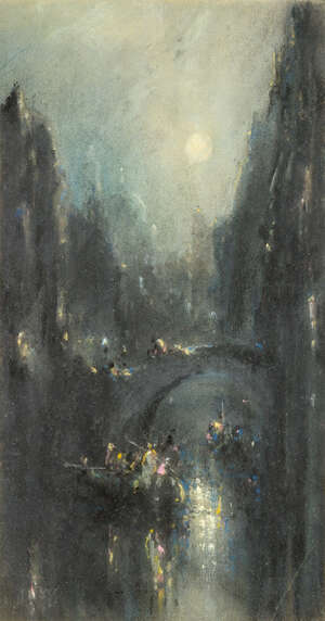 
	
		Frank Wasley, 
		British 1848-1934- 
		 
		Night Scene, Venice; 
		 
		charcoal,...