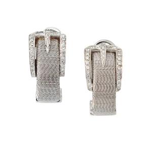 A pair of diamond set hoop earrings, with a brilliant-cut diamond set buckle motif, to wrapped...