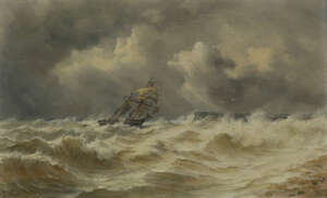 
	
		John Moore of Ipswich, 
		British 1821-1902- 
		A Ship in stormy seas; 
		oil on...