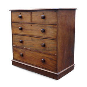 
	
		A Victorian mahogany chest, with two short over three long graduated drawers, on plinth...