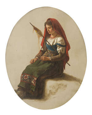 
	
		Neapolitan School, 
		 
		late 19th century- 
		 
		Study of a girl spinning wool;...